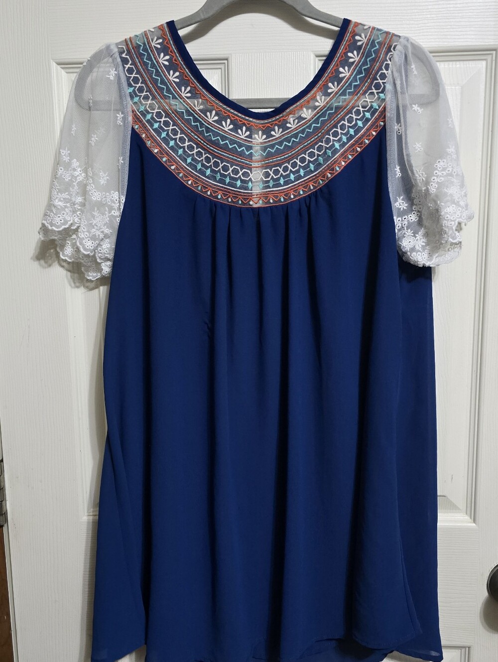 Umgee USA  Navy Dress with Multicolor Embroidered Yoke and White Lace Sleeves